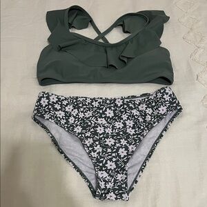 Girls Green Floral Swimsuit Size Large
